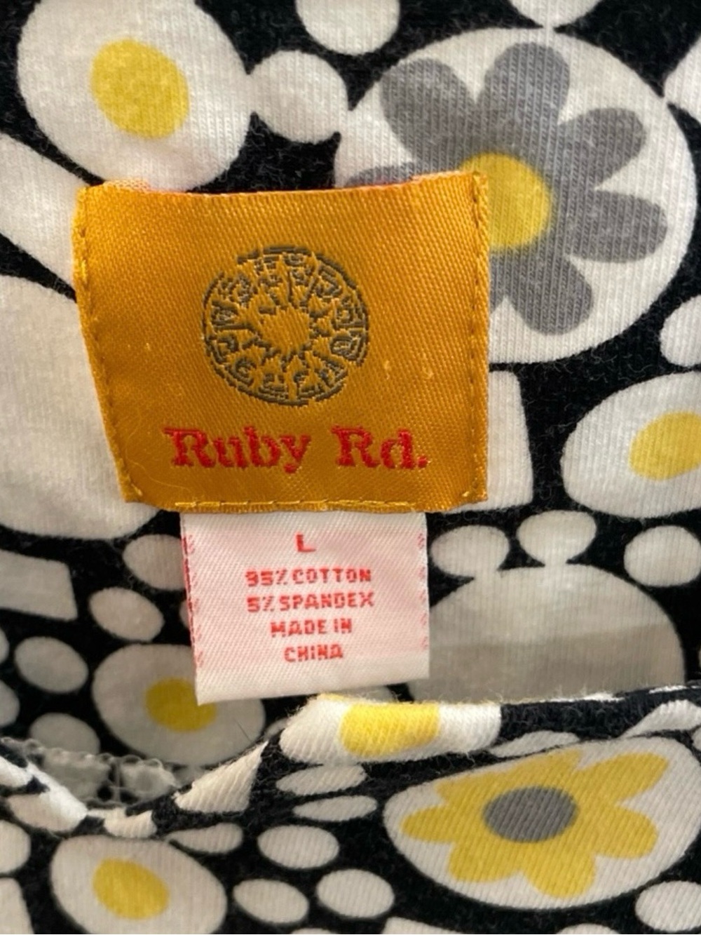 Ruby Rd. Black Floral Dot Print Top with Yellow & Gray Accents Size L - Picture 2 of 3